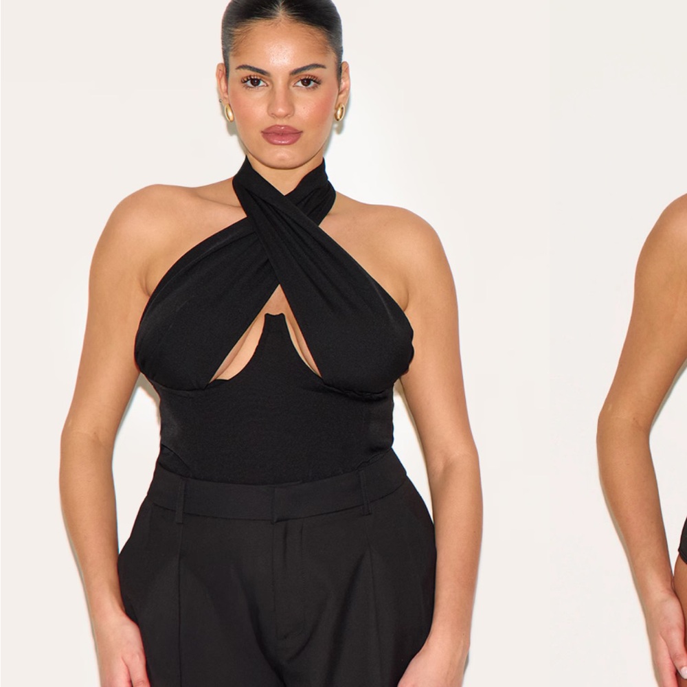 PrettyLittleThing Plus Black Woven Cross Front Underwired Bodysuit NWT 16US